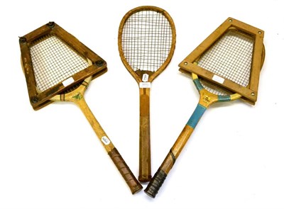 Lot 1011 - Three Vintage Tennis Rackets, including Wisdens and County, two with presses