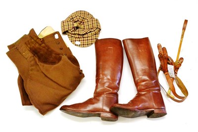 Lot 1026 - A Pair of Brown Leather Riding Boots, breeches, braces, a deer stalker and a riding crop (5)