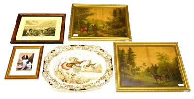 Lot 1027 - A Windsor Ware 'Wild Turkeys' Meat Platter, together with three sporting prints and a watercolour