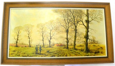 Lot 1031 - Trevor Parkin - Hunting Scene with Gundog, oil on canvas, framed, 50cm by 100cm