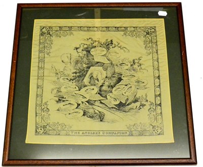 Lot 1037 - A Framed Silk Square 'The Anglers Companion', with monochrome printing of fish and tackle, 45cm...