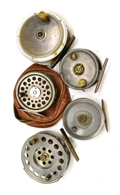 Lot 1073 - Five Alloy Fishing Reels, including a Foster Bros 4inch brass faced platewind reel, a Walker...