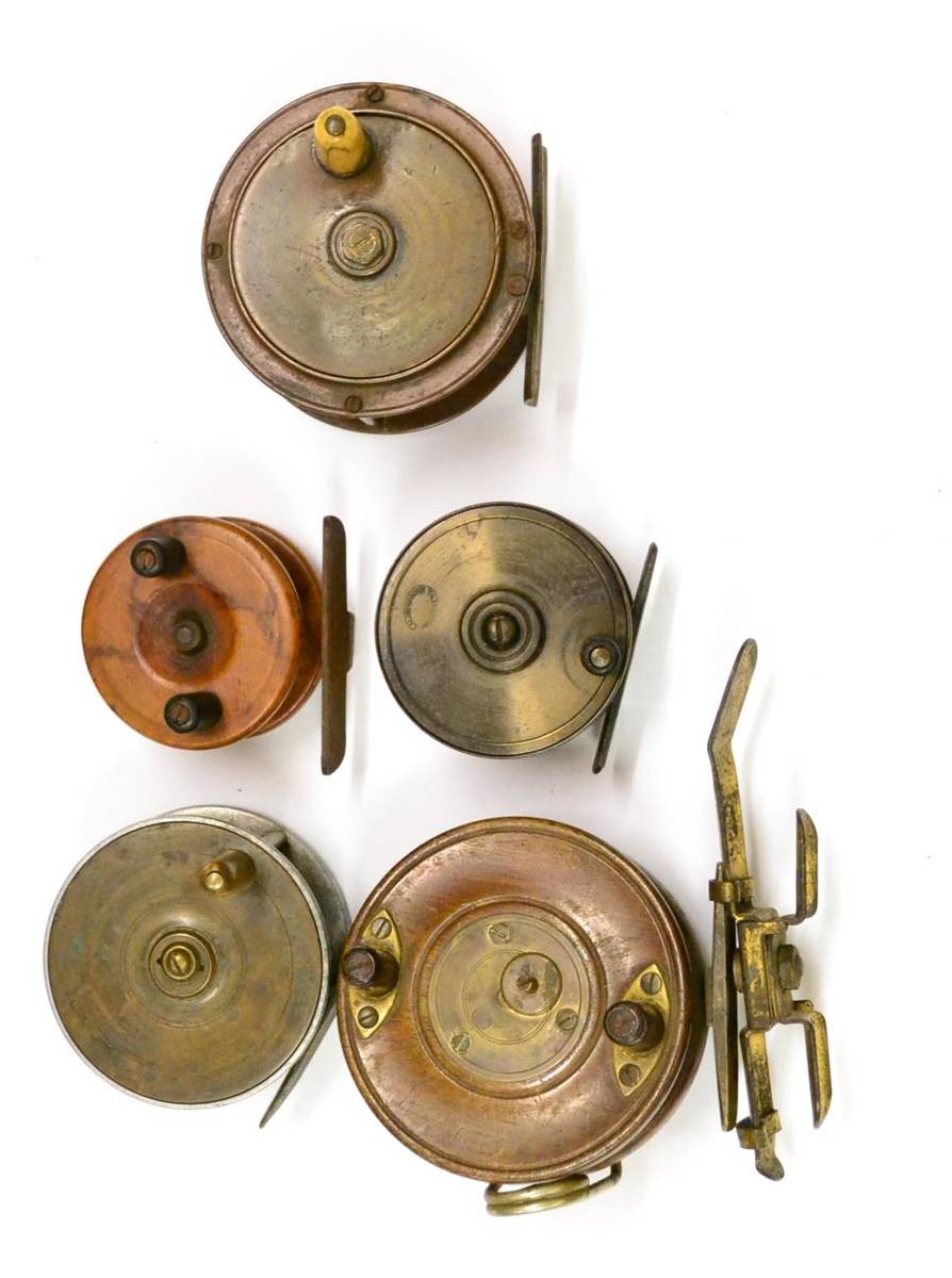 Lot 1074 - Five Fishing Reels, including an Allcock's 2 1/2inch brass platewind reel, a brass faced...