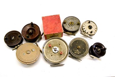 Lot 1098 - Nine Centrepin Reels, including 'The Maxima Reel', 'Gypsy D'Or', 'Speedia', 'Gyrex' bakelite...