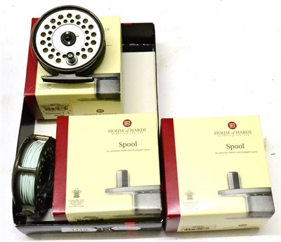 Lot 1110 - Two Hardy Viscount 130 Fly Reels, together with three boxed spare spools for other Hardy reels (5)