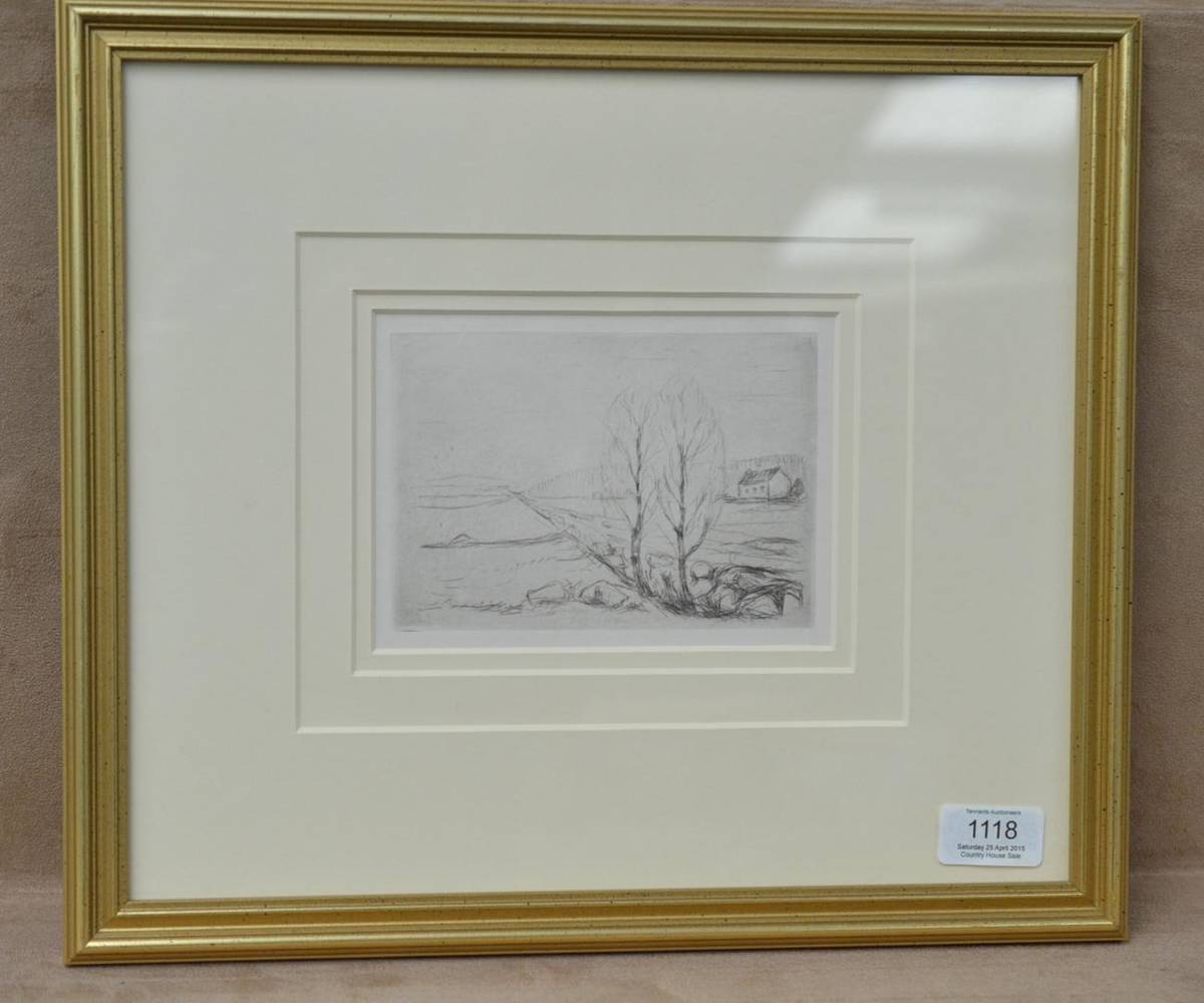 Lot 1118 - After Edvard Munch (1863-1944) ";Norwegian Landscape";, a black and white etching, 10cm by 14.5cm