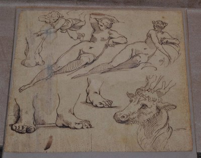 Lot 1142 - Follower of Annibale Carracci, a sheet of studies including a reclining classical nude, cherub,...