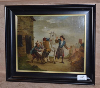 Lot 1145 - Manner of David Teniers, Figures shoeing horses beside a cottage, bears NT476 stencil verso, oil on