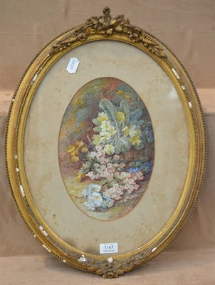 Lot 1147 - Vincent Clare (1855-1930) Still life of blossom and primrose flowers on a mossy bank, signed,...