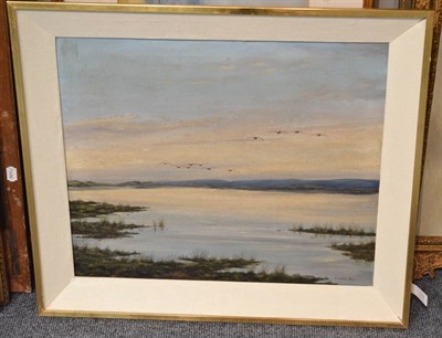 Lot 1163 - Geoffrey Campbell Black (20th century) ";Greylag leaving the Loch (Levan) to feed in the nearby...