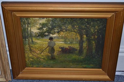 Lot 1165 - James G. Faulds (fl1896-1938) Figures working in a sunlit glade, signed, oil on canvas, 29.5cm...