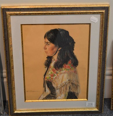 Lot 1178 - Henri d'Estienne (1872-1949) French ";Brittany Girl";, signed, coloured chalks, 35 by 27cm