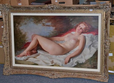 Lot 1205 - Maria Szantho (1897-1988) Hungarian, Reclining auburn-haired nude, signed, oil on canvas, 63.5cm by