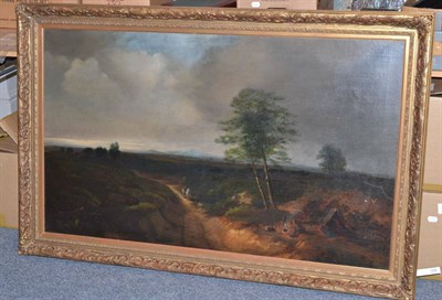 Lot 1206 - Follower of F.H. Henshaw (19th century) Travellers and a campfire in a landscape, oil on...