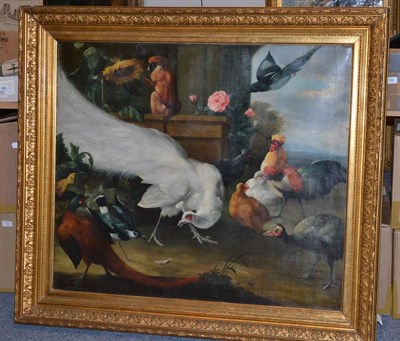 Lot 1207 - Manner of M. Hondecoeter (19th century) A menagerie of birds, a monkey and flowers before a...