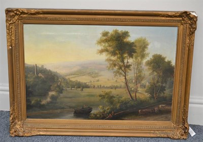 Lot 1211 - English School, circa 1830, Figures and cattle beside a river with a landscape and textile mill...