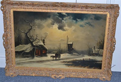 Lot 1214 - Niels H Christiansen (1850-1922) Horse and cart in a moonlit Dutch frozen landscape, signed and...