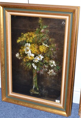 Lot 1217 - Jessie Algie (1859-1927) Still life of Ox-eye daisies and thistles in a glass vase, oil on...