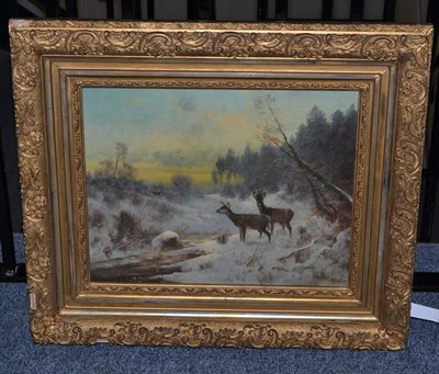 Lot 1222 - Circle of Prof Johann Christopher Drahtmann (1856-1932) Deer on the edge of a wood in a snowy...