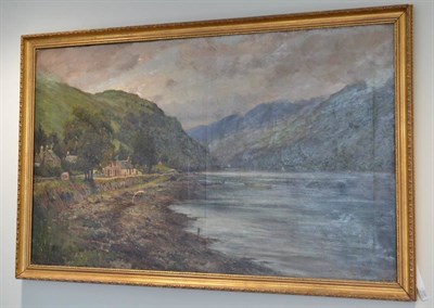 Lot 1237 - John Falconer Slater (1857-1937) Figure before buildings on the edge of Loch Long, signed, oil...