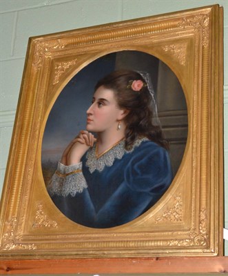 Lot 1256 - British School (Late 19th century), head and shoulders portrait of a lady wearing a blue velvet...