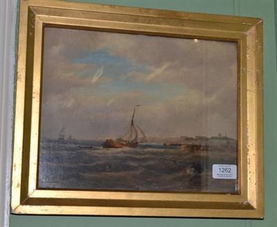 Lot 1262 - Robert F. Watson (fl.1845-1866) Dutch boats off shore, signed and dated 1854, oil on board,...