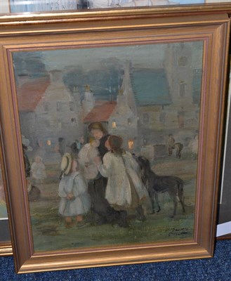 Lot 1286 - Attributed to Robert Peter Macleod Mackie (1867-1959) Mother and children in a town square at dusk