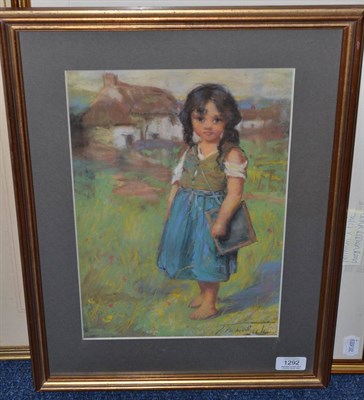 Lot 1292 - Scottish School (early 20th century) A young girl with a satchel before crofters cottages,...