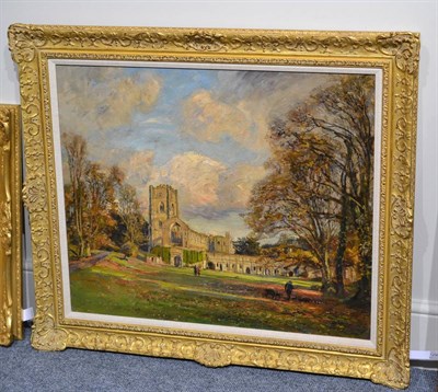 Lot 1296 - Herbert F Royle (1870-1958) Figures before Fountains Abbey, signed, oil on canvas, 61.5cm by 74.5cm