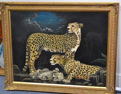 Lot 1298 - Manner of G Stubbs (20th century) Leopards in a landscape, oil on canvas, 68.5cm by 89cm