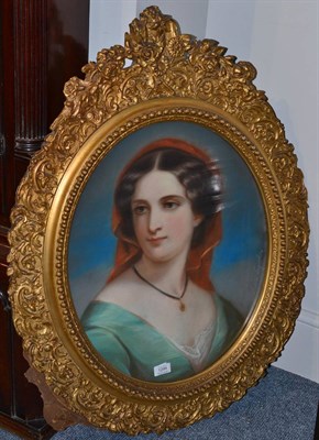 Lot 1299 - Mathilde Lagache (19th century) Belgian, Head and shoulders portrait of a lady wearing a red...