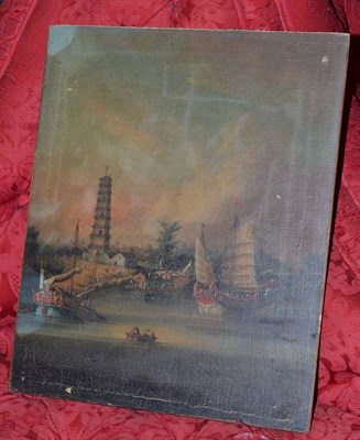 Lot 1305 - Manner of G. Chinnery (1774-1852) Junks and figures before a tower pagoda and other buildings,...