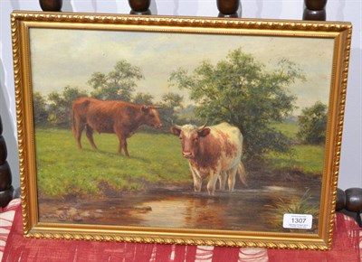 Lot 1307 - Dixon Clark (1849-1944) Cattle watering in a landscape, signed, oil on canvas, 26.5cm by 36cm