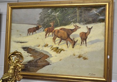 Lot 1311 - Prof Johann Christopher Drahtmann (German 1856-1932) ";Rotwildrudel im Winter";, red deer in...