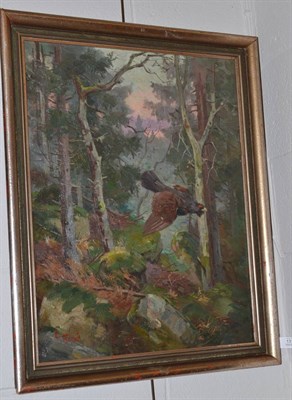 Lot 1312 - G Wolters ";Abstreichender Auerhahn";, capercaille, oil on canvas, 62.5cm by 50cm