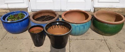 Lot 1320 - Four blue glazed planters, a green glazed planter and two small black glazed planters (7)