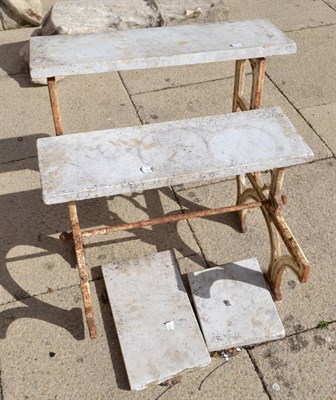 Lot 1359 - A Victorian cast iron plant stand, with three white marble plinths, on scroll and quatrefoil...