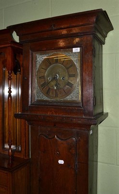 Lot 1382 - An oak longcase clock case, flat top pediment, 11-inch square brass dial with chapter ring...