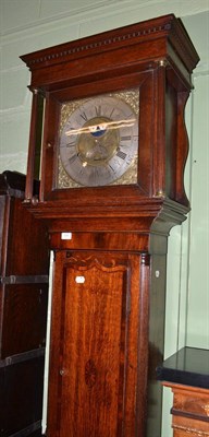 Lot 1391 - An oak longcase clock, flat top pediment, 12-inch square brass dial bearing inscription...