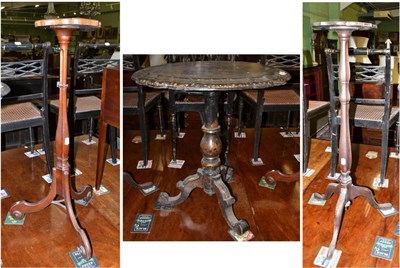 Lot 1425 - Victorian papier-mâché and mother-of-pearl tripod table and two mahogany torcheres