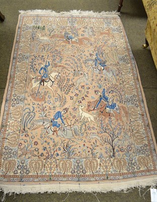 Lot 1463 - Nain part silk rug, Central Persia, the pale mushroom field of 16th century hunting design enclosed