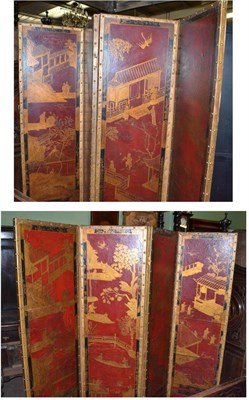 Lot 1515 - Pair of four-leaf leather dressing screens decorated with Oriental figures in a landscape