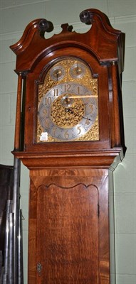 Lot 1532 - A chiming longcase clock, oak and mahogany case with a swan neck pediment, 12-inch arched brass...