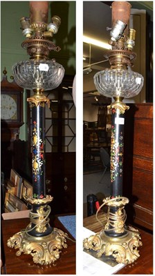 Lot 1538 - Pair of gilt metal oil lamps converted for electricity