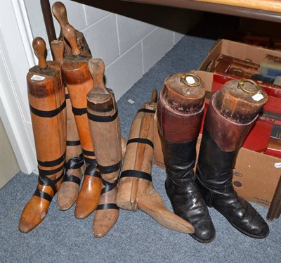 Lot 1586 - Pair of leather hunting boots with trees and three other pairs of boot trees