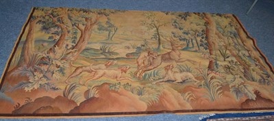 Lot 1597 - Aubusson tapestry depicting a hunting scene with stag and dogs (top has been cut off), signed...