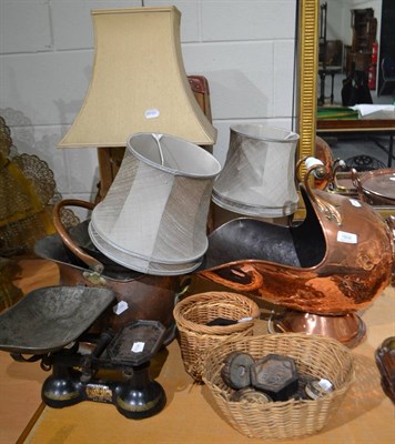 Lot 1606 - Copper coal helmet, coal bucket, kitchen scales and weights (qty)