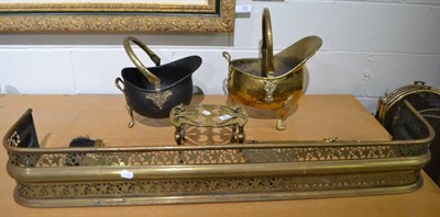 Lot 1609 - Three brass folding spark guards, fire curb, two coal buckets, trivet and fire implements