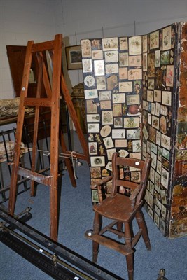 Lot 1634 - Pine easel, a three leaf scrap screen and a child's high chair