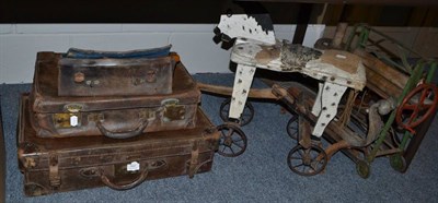 Lot 1641 - Gladstone bag, leather suitcases, small quantity of tools, mangle, washboard, fire irons, Victorian